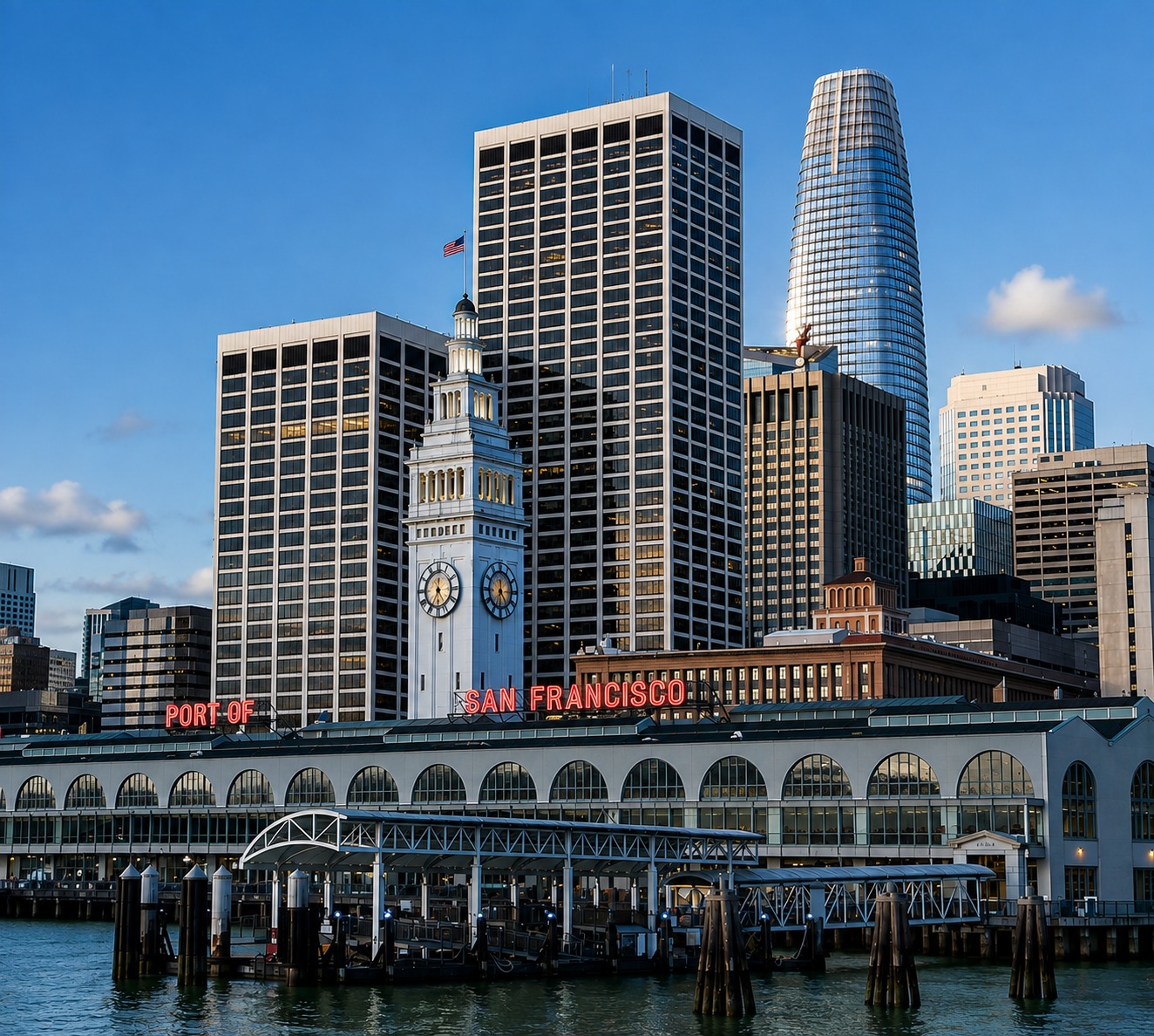 San Francisco waterfront with the Ferry Building and One Market Plaza skyline