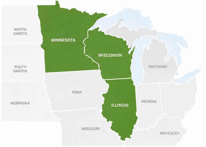 Upper Midwest map highlighting Minnesota, Wisconsin and Illinois